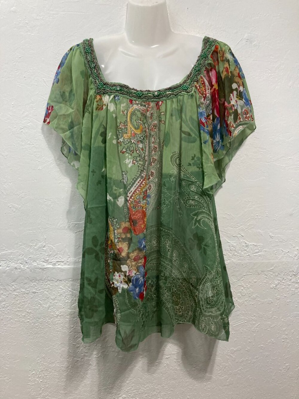 Taillissime La Redoute Top Sheer Beaded Flutter Sleeves Y2K Paisley Green 16W
